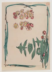 Wiśniowe kwiaty z obramowaniem igieł sosnowych z serii Hana Kurabe, ok. 1880 (kolorowy nadruk w drewnie)